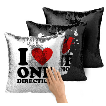 I Love, One Direction, Μαξιλάρι καναπέ Μαγικό Μαύρο με πούλιες 40x40cm περιέχεται το γέμισμα