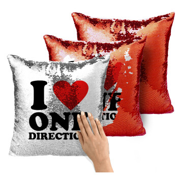 I Love, One Direction, Μαξιλάρι καναπέ Μαγικό Κόκκινο με πούλιες 40x40cm περιέχεται το γέμισμα