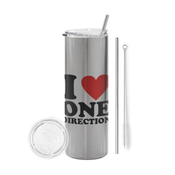 I Love, One Direction, Eco friendly stainless steel Silver tumbler 600ml, with metal straw & cleaning brush