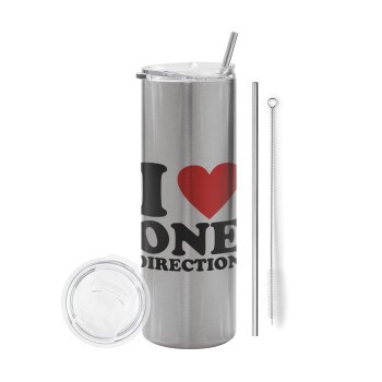 I Love, One Direction, Tumbler stainless steel Silver 600ml, with metal straw & cleaning brush