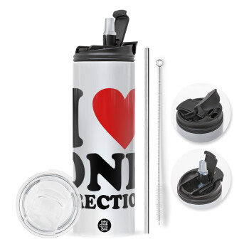 I Love, One Direction, Travel Tumbler 2 Lids, with metal straw & cleaning brush (Stainless steel 304 Food grade, BPA free, 600ml)