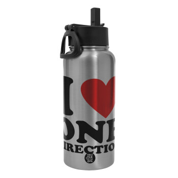 I Love, One Direction, Μεταλλικό παγούρι θερμός Silver με καλαμάκι και χερούλι (Stainless steel), διπλού τοιχώματος, 950ml