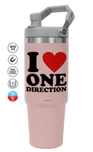 I Love — ΡΟΖ Travel Tumbler Θερμός με χερούλι και καλαμάκι 890ml