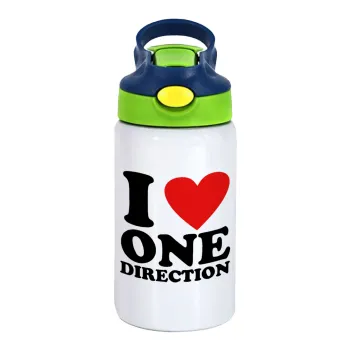 I Love, One Direction, Παιδικό παγούρι θερμό, ανοξείδωτο, με καλαμάκι ασφαλείας, πράσινο/μπλε (350ml)