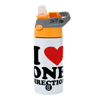 I Love, One Direction, Παιδικό παγούρι θερμό, ανοξείδωτο, με καλαμάκι ασφαλείας, Πορτοκαλί/Γκρι (360ml) BPA-FREE
