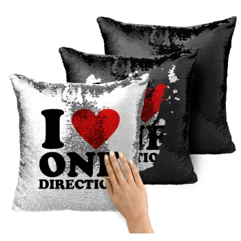 I Love, One Direction, Μαξιλάρι καναπέ Μαγικό Μαύρο με πούλιες 40x40cm περιέχεται το γέμισμα