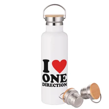 I Love, One Direction, Μεταλλικό παγούρι θερμός (Stainless steel) Λευκό με ξύλινο καπάκι (bamboo), διπλού τοιχώματος, 750ml