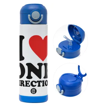 I Love, One Direction, Παιδικό παγούρι θερμό, ανοξείδωτο, με καλαμάκι ασφαλείας, ΜΠΛΕ (500ml)