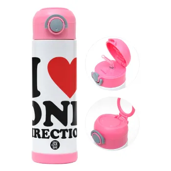 I Love, One Direction, Παιδικό παγούρι θερμό, ανοξείδωτο, με καλαμάκι ασφαλείας, ΡΟΖ (500ml)
