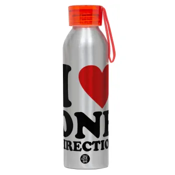 I Love, One Direction, Αλουμινένιο Αθλητικό Μπουκάλι 650ml – Ασημί με Κόκκινο Καπάκι και Λουράκι Σιλικόνης