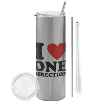 I Love, One Direction, Tumbler ποτήρι θερμό Ασημένιο από ανοξείδωτο ατσάλι 600ml, με μεταλλικό καλαμάκι & βούρτσα καθαρισμού