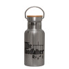Stainless steel metallic thermos flask, silver with a bamboo lid, double-walled, 350ml.