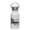 Metallic thermos (Stainless steel) White with wooden lid (bamboo), double-walled, 350ml