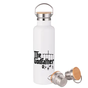 The Godfather baby, Μεταλλικό παγούρι θερμός (Stainless steel) Λευκό με ξύλινο καπάκι (bamboo), διπλού τοιχώματος, 750ml
