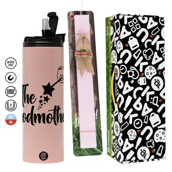 Fairy God Mother, Πασχαλινή Λαμπάδα με  ΡΟΖ Travel Tumbler θερμό (600ml, BPA free) & κερί αρωματικό πλακέ (30cm) (ΡΟΖ)