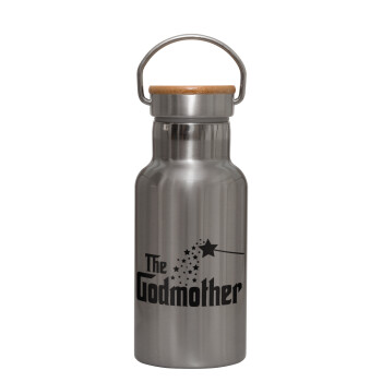 Fairy GodMother, Stainless steel metallic thermos flask, silver with a bamboo lid, double-walled, 350ml.