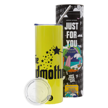 Fairy GodMother, Neon Yellow Travel Tumbler, with metal straw (Stainless steel 304 Food grade, BPA free, 600ml)
