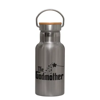 Fairy GodMother, Stainless steel metallic thermos flask, silver with a bamboo lid, double-walled, 350ml.