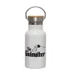 Metallic thermos (Stainless steel) White with wooden lid (bamboo), double-walled, 350ml
