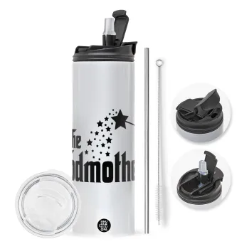 Fairy GodMother, Travel Tumbler θερμό με διπλό καπάκι, μεταλλικό καλαμάκι και βούρτσα καθαρισμού (Ανωξείδωτο 304 Food grade, BPA free, 600ml)