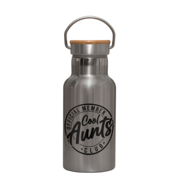 Cool Aunts club, Stainless steel metallic thermos flask, silver with a bamboo lid, double-walled, 350ml.
