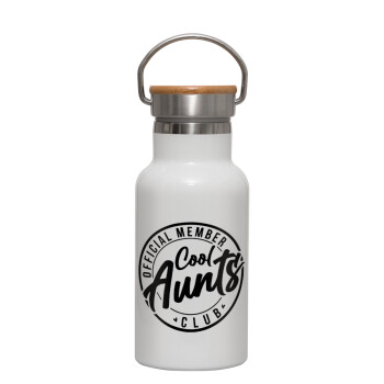 Cool Aunts club, Metallic thermos (Stainless steel) White with wooden lid (bamboo), double-walled, 350ml