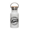 Metallic thermos (Stainless steel) White with wooden lid (bamboo), double-walled, 350ml