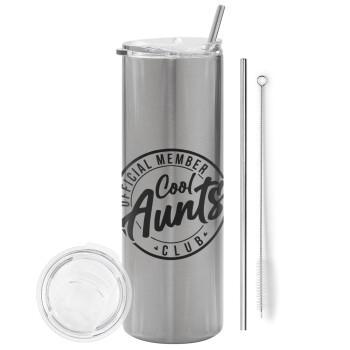 Cool Aunts club, Eco friendly stainless steel Silver tumbler 600ml, with metal straw & cleaning brush