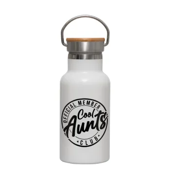 Cool Aunts club, Metallic thermos (Stainless steel) White with wooden lid (bamboo), double-walled, 350ml
