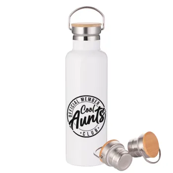 Cool Aunts club, Stainless steel White with wooden lid (bamboo), double wall, 750ml