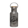 Stainless steel metallic thermos flask, silver with a bamboo lid, double-walled, 350ml.