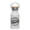 Metallic thermos (Stainless steel) White with wooden lid (bamboo), double-walled, 350ml
