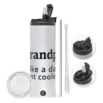 Grandpa, like a dad, just cooler, Travel Tumbler θερμό με διπλό καπάκι, μεταλλικό καλαμάκι και βούρτσα καθαρισμού (Ανωξείδωτο 304 Food grade, BPA free, 600ml)