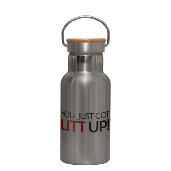Suits You Just Got Litt Up! , Stainless steel metallic thermos flask, silver with a bamboo lid, double-walled, 350ml.