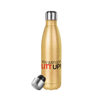 Suits You Just Got Litt Up! , Μεταλλικό παγούρι θερμός Glitter χρυσό (Stainless steel), διπλού τοιχώματος, 500ml