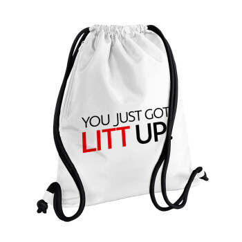 Suits You Just Got Litt Up! , Τσάντα πλάτης πουγκί GYMBAG λευκή, με τσέπη (40x48cm) & χονδρά κορδόνια