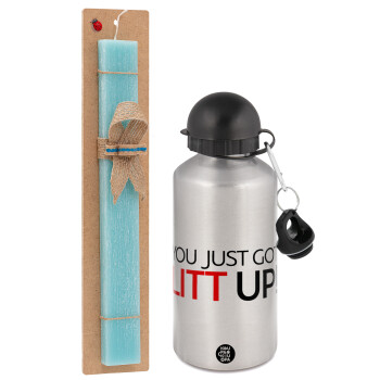 Suits You Just Got Litt Up! , Easter Set, metallic silver aluminum water bottle (500ml) & scented flat Easter candle (30cm) (TURQUOISE)