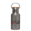 Stainless steel metallic thermos flask, silver with a bamboo lid, double-walled, 350ml.