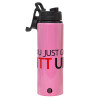 Metallic water bottle with safety lid, 850ml aluminum