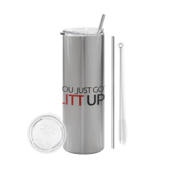 Suits You Just Got Litt Up! , Tumbler ποτήρι θερμό Ασημένιο από ανοξείδωτο ατσάλι 600ml, με μεταλλικό καλαμάκι & βούρτσα καθαρισμού