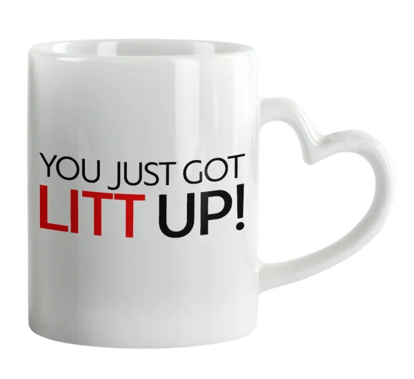 Suits You Just Got Litt Up! — Κούπα καρδιά χερούλι λευκή, κεραμική, 330ml