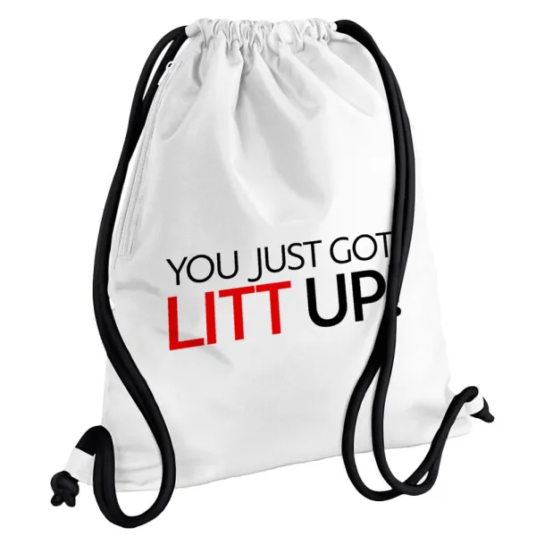 Suits You Just Got Litt Up! — Τσάντα πλάτης πουγκί GYMBAG λευκή, με τσέπη (40x48cm) & χονδρά κορδόνια