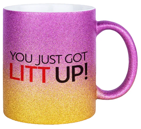 Suits You Just Got Litt Up! — Gold/pink glitter mug, ceramic, 330ml