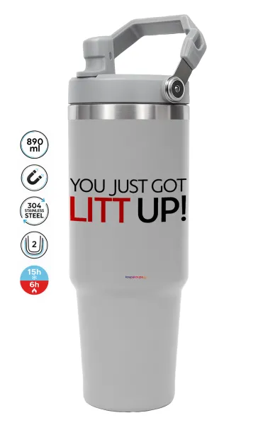 Suits You Just Got Litt Up! — ΓΚΡΙ Travel Tumbler Θερμός με χερούλι και καλαμάκι 890ml