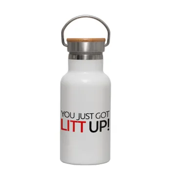Suits You Just Got Litt Up! , Metallic thermos (Stainless steel) White with wooden lid (bamboo), double-walled, 350ml