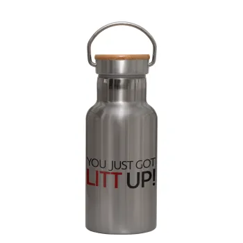 Suits You Just Got Litt Up! , Μεταλλικό παγούρι θερμός (Stainless steel) Ασημένιο με ξύλινο καπακι (bamboo), διπλού τοιχώματος, 350ml