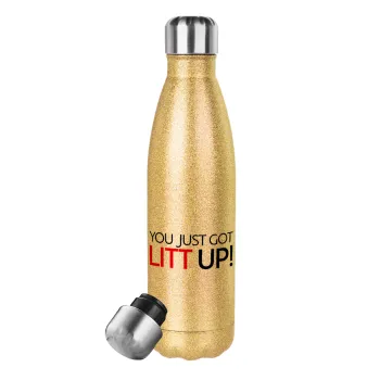 Suits You Just Got Litt Up! , Μεταλλικό παγούρι θερμός Glitter χρυσό (Stainless steel), διπλού τοιχώματος, 500ml