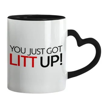 Suits You Just Got Litt Up! , Κούπα καρδιά χερούλι μαύρη, κεραμική, 330ml