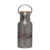 Stainless steel metallic thermos flask, silver with a bamboo lid, double-walled, 350ml.