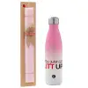 Easter Set, Metallic pink/white (Stainless steel) thermos, double-walled, 500ml & aromatic flat Easter candle (30cm) (PINK)
